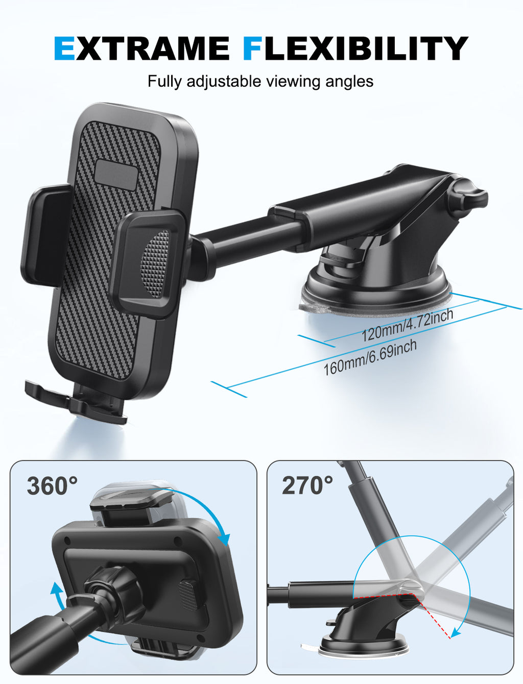 Support de téléphone pour voiture, ventouse puissante et améliorée, support de téléphone 2 en 1 pour tableau de bord, lavable et mains libres pour tous les téléphones portables.