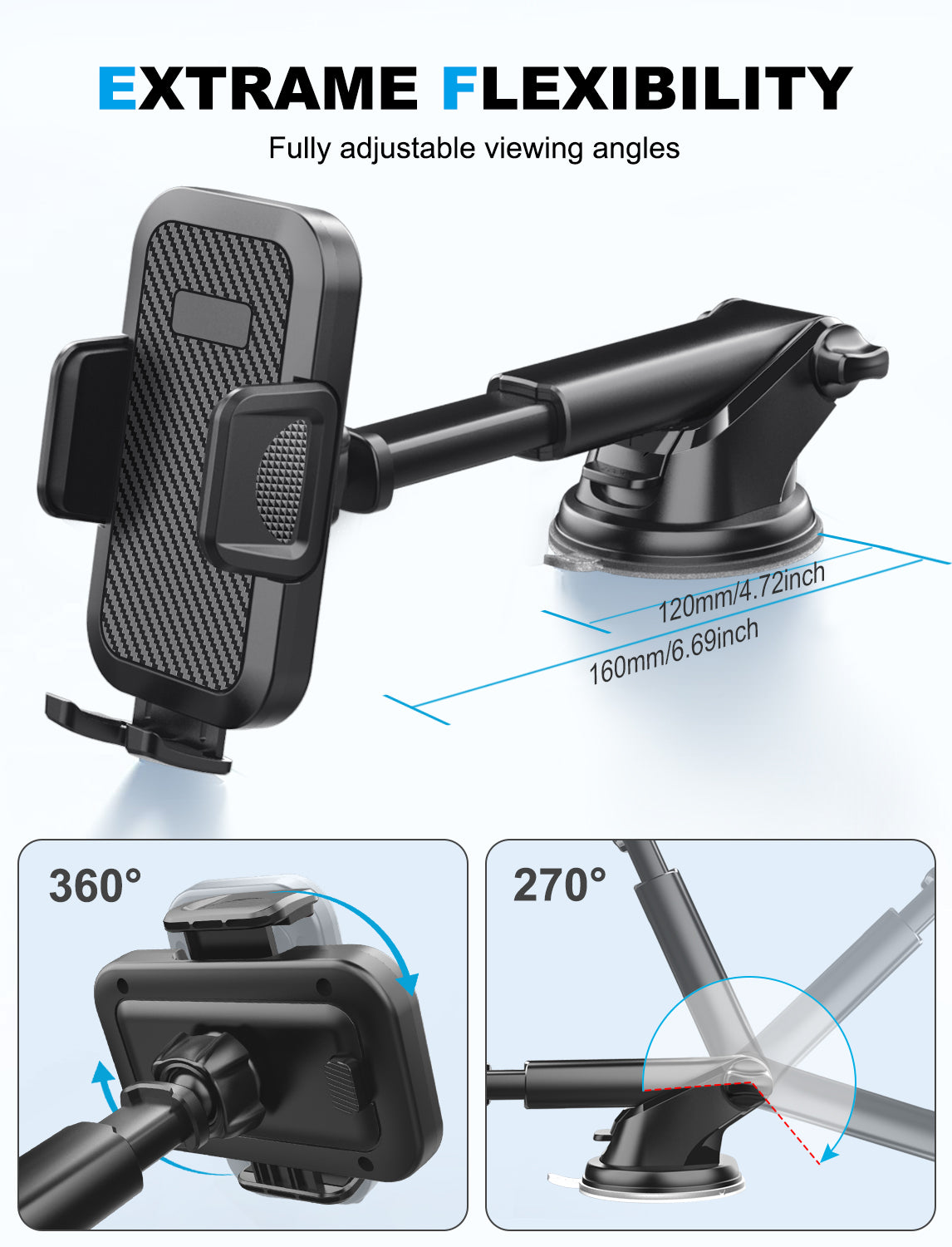 Support de téléphone pour voiture, ventouse puissante et améliorée, support de téléphone 2 en 1 pour tableau de bord, lavable et mains libres pour tous les téléphones portables.