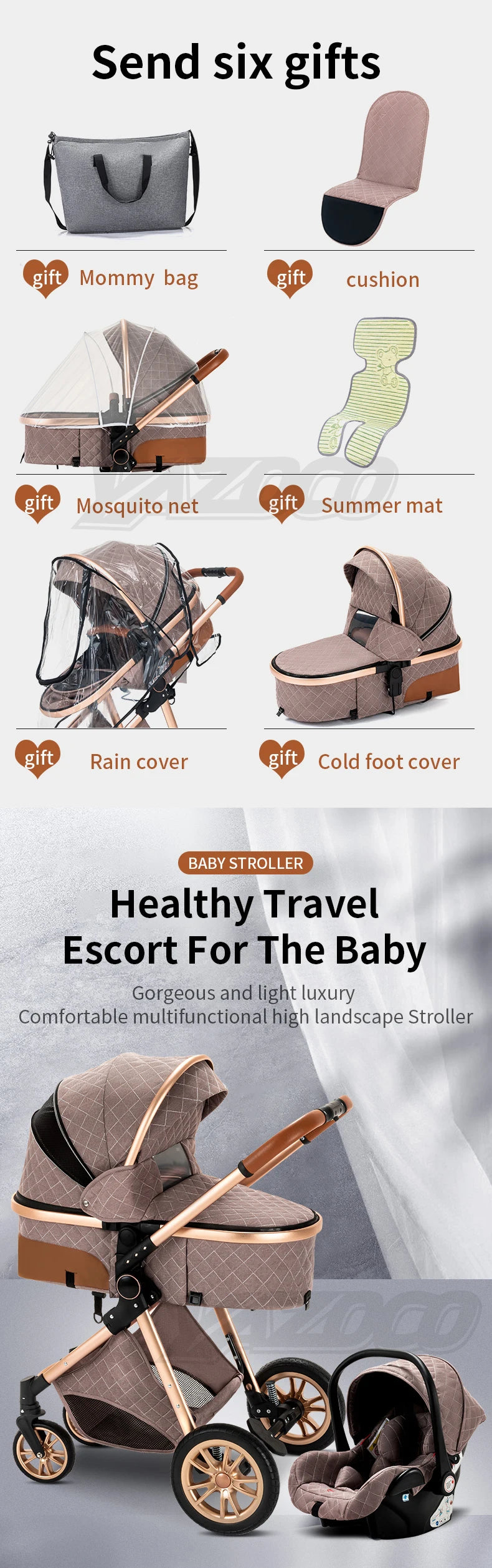 Poussette 3 en 1 pour bébé, portable, pliable, cadre en aluminium, haute capacité, pour nouveau-né