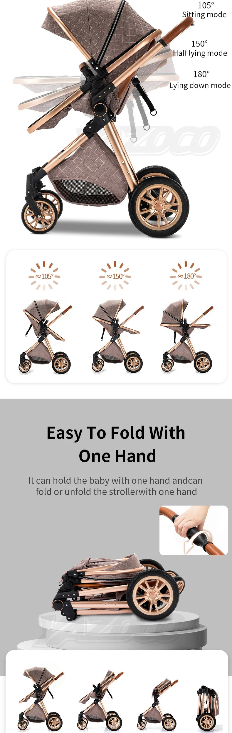 Poussette 3 en 1 pour bébé, portable, pliable, cadre en aluminium, haute capacité, pour nouveau-né