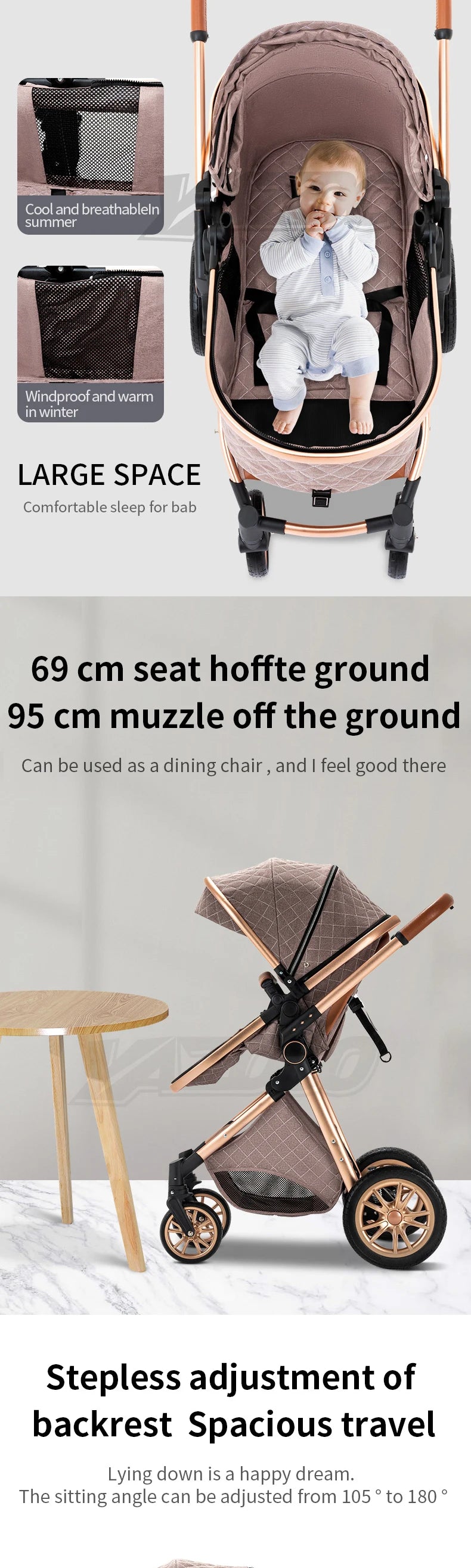 Poussette 3 en 1 pour bébé, portable, pliable, cadre en aluminium, haute capacité, pour nouveau-né