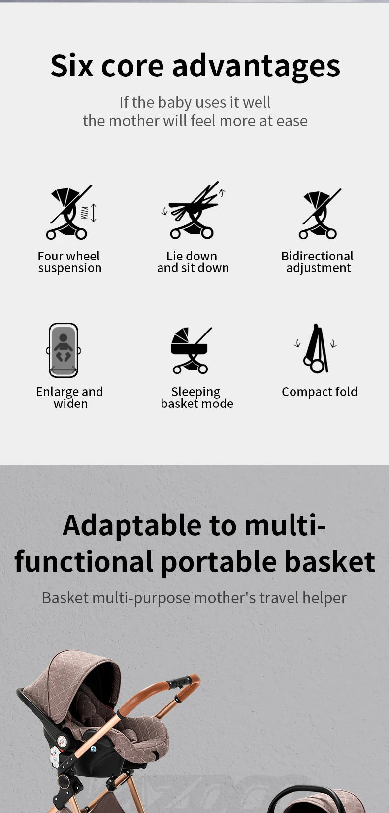 Poussette 3 en 1 pour bébé, portable, pliable, cadre en aluminium, haute capacité, pour nouveau-né