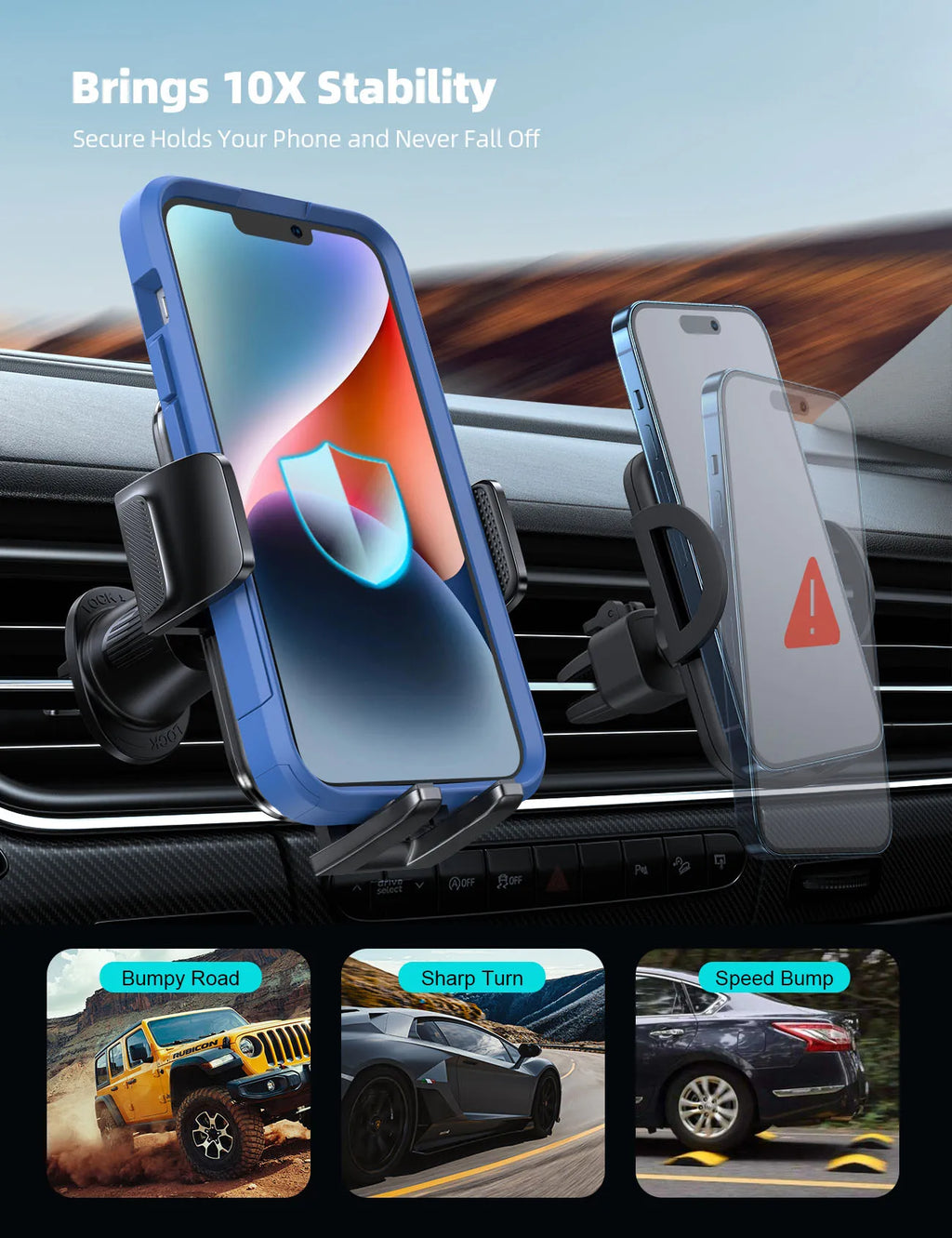 Support de téléphone portable pour voiture Lamicall STCV01 avec 4 verrous de sécurité et rotation à 360° pour téléphones de 4,7 à 6,8 pouces