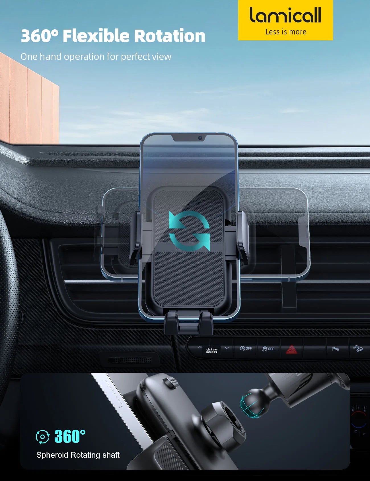 Support de téléphone portable pour voiture Lamicall STCV01 avec 4 verrous de sécurité et rotation à 360° pour téléphones de 4,7 à 6,8 pouces