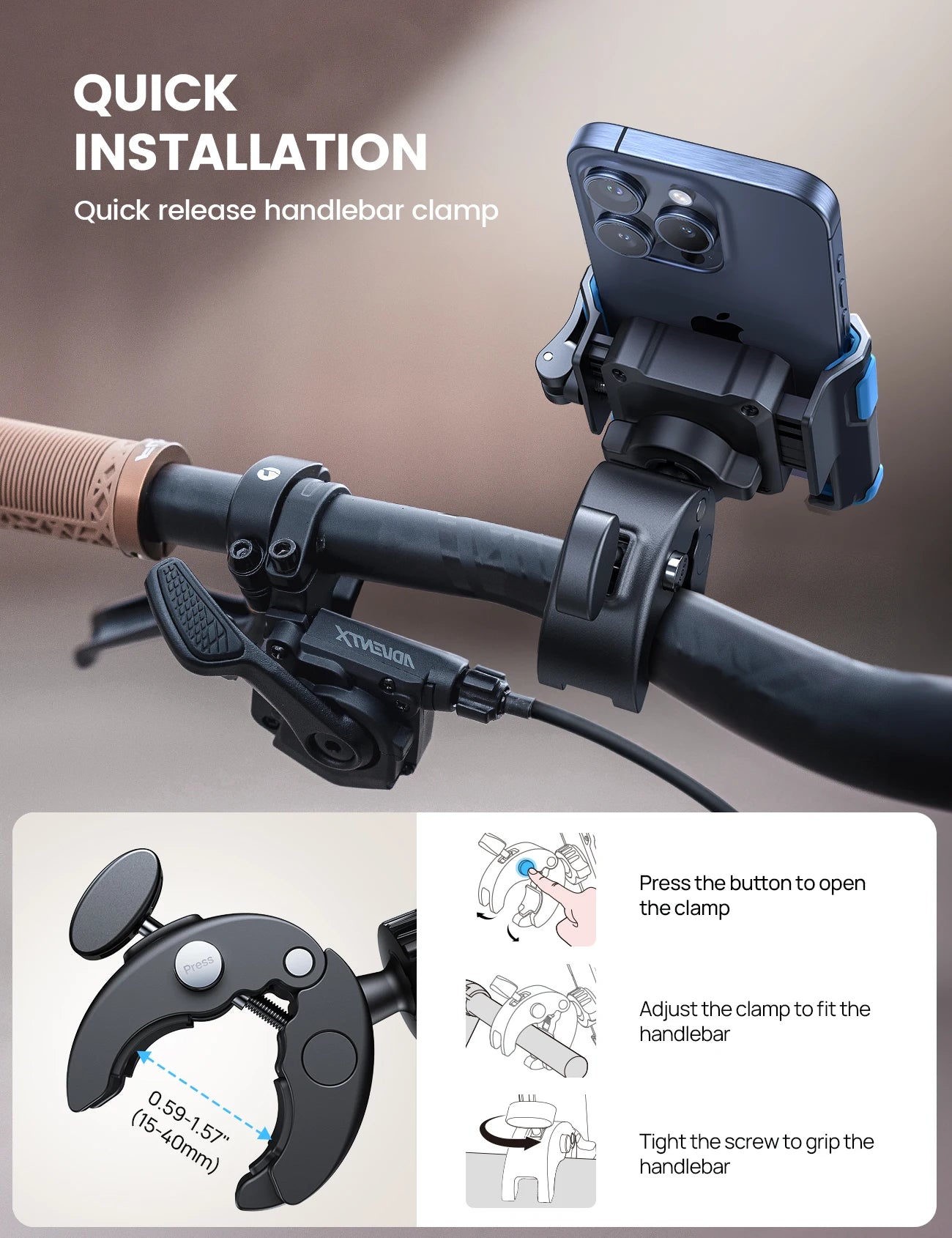 Support de téléphone pour moto Lamicall BP09, compatible avec les appareils photo, verrouillage rapide, fixation pour guidon