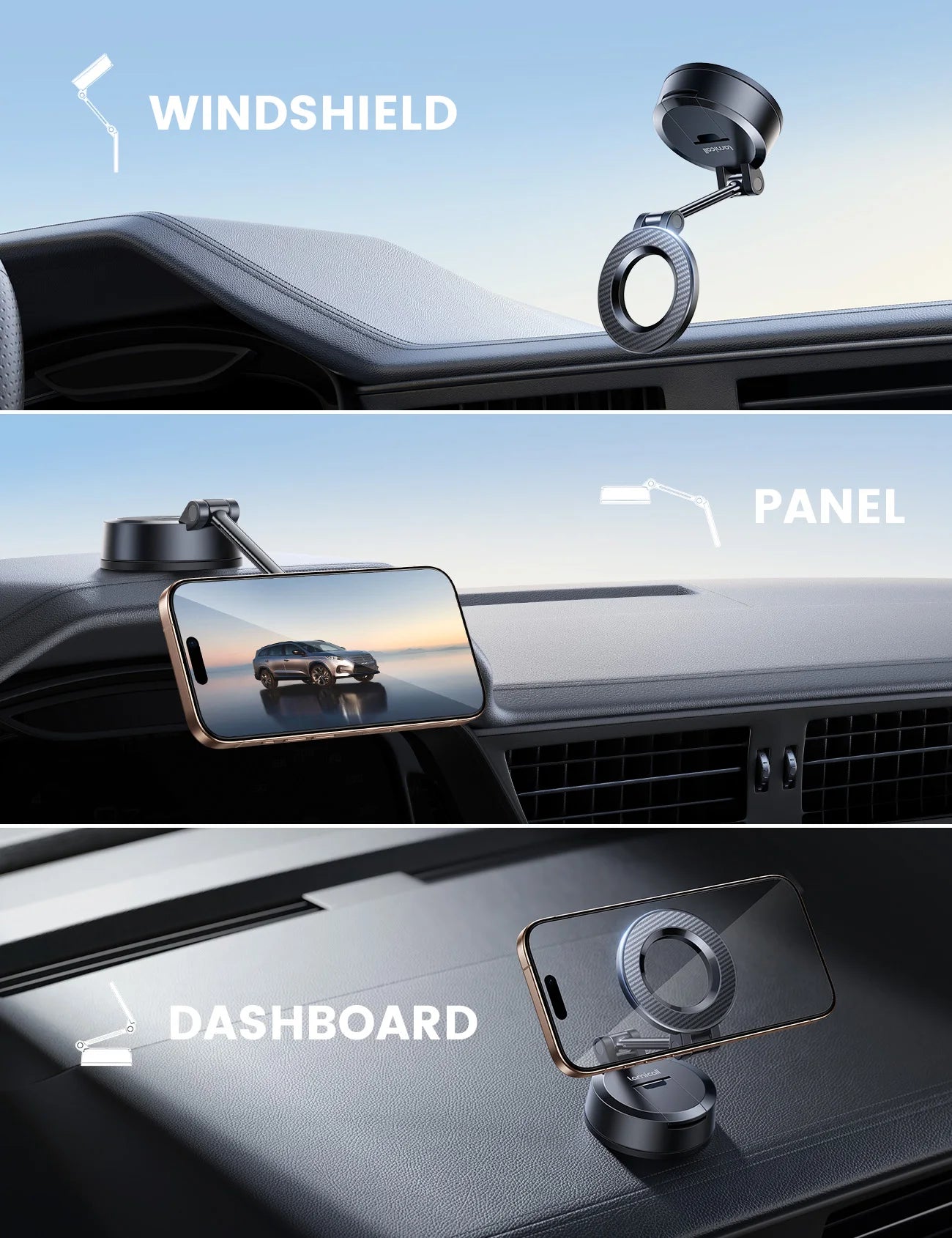 Lamicall pour support magnétique de voiture à aspiration puissante, rotation à 360°, support de téléphone pour tableau de bord, pare-brise, camion, pour iPhone 16 Pro Max