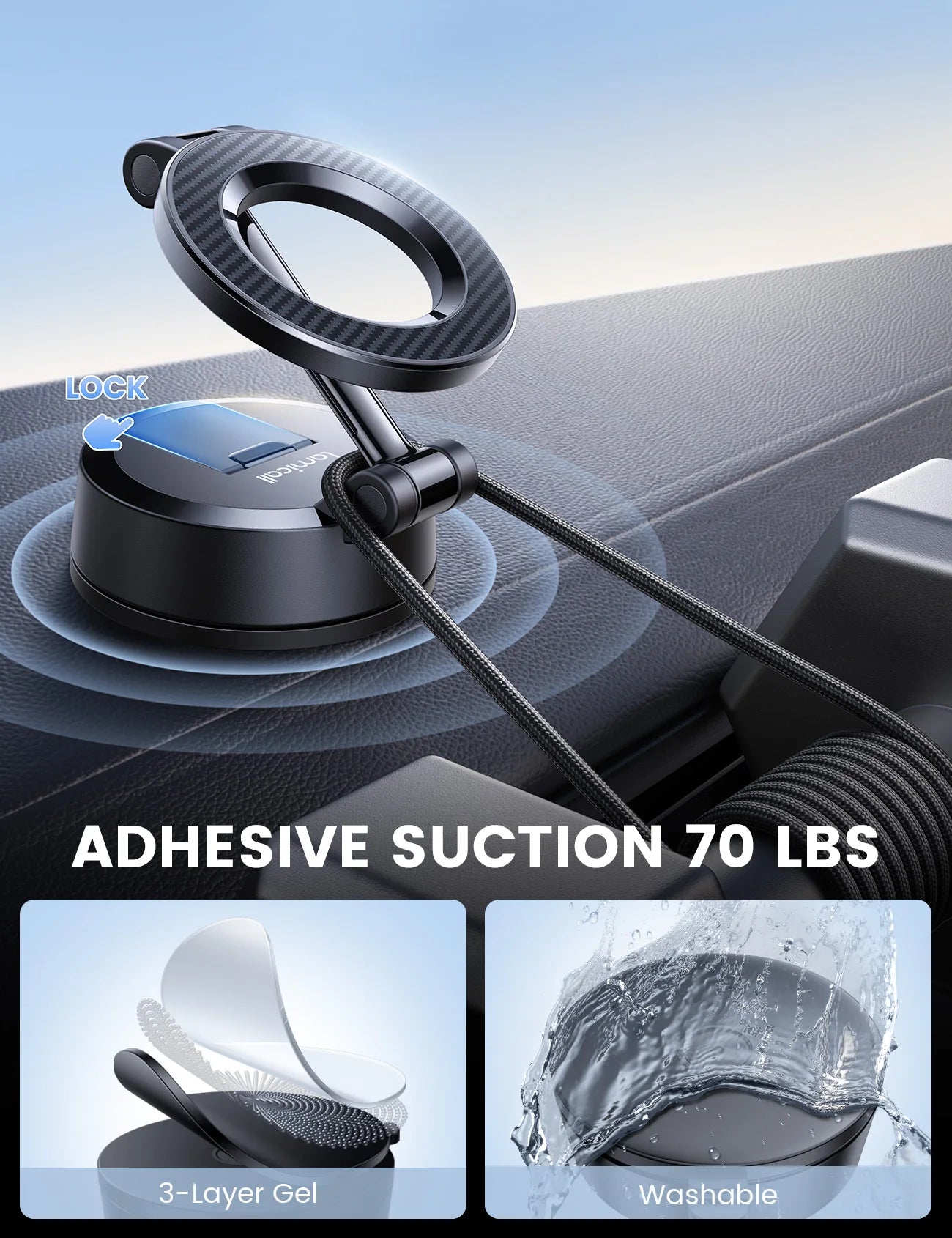 Lamicall pour support magnétique de voiture à aspiration puissante, rotation à 360°, support de téléphone pour tableau de bord, pare-brise, camion, pour iPhone 16 Pro Max