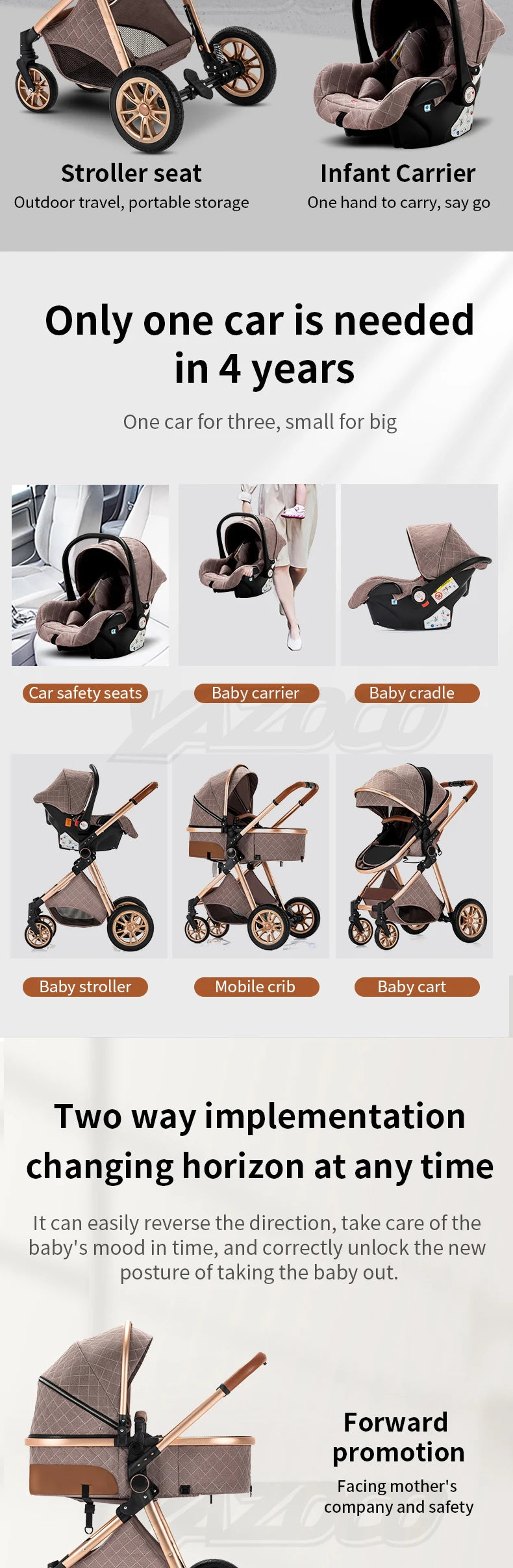 Poussette 3 en 1 pour bébé, portable, pliable, cadre en aluminium, haute capacité, pour nouveau-né