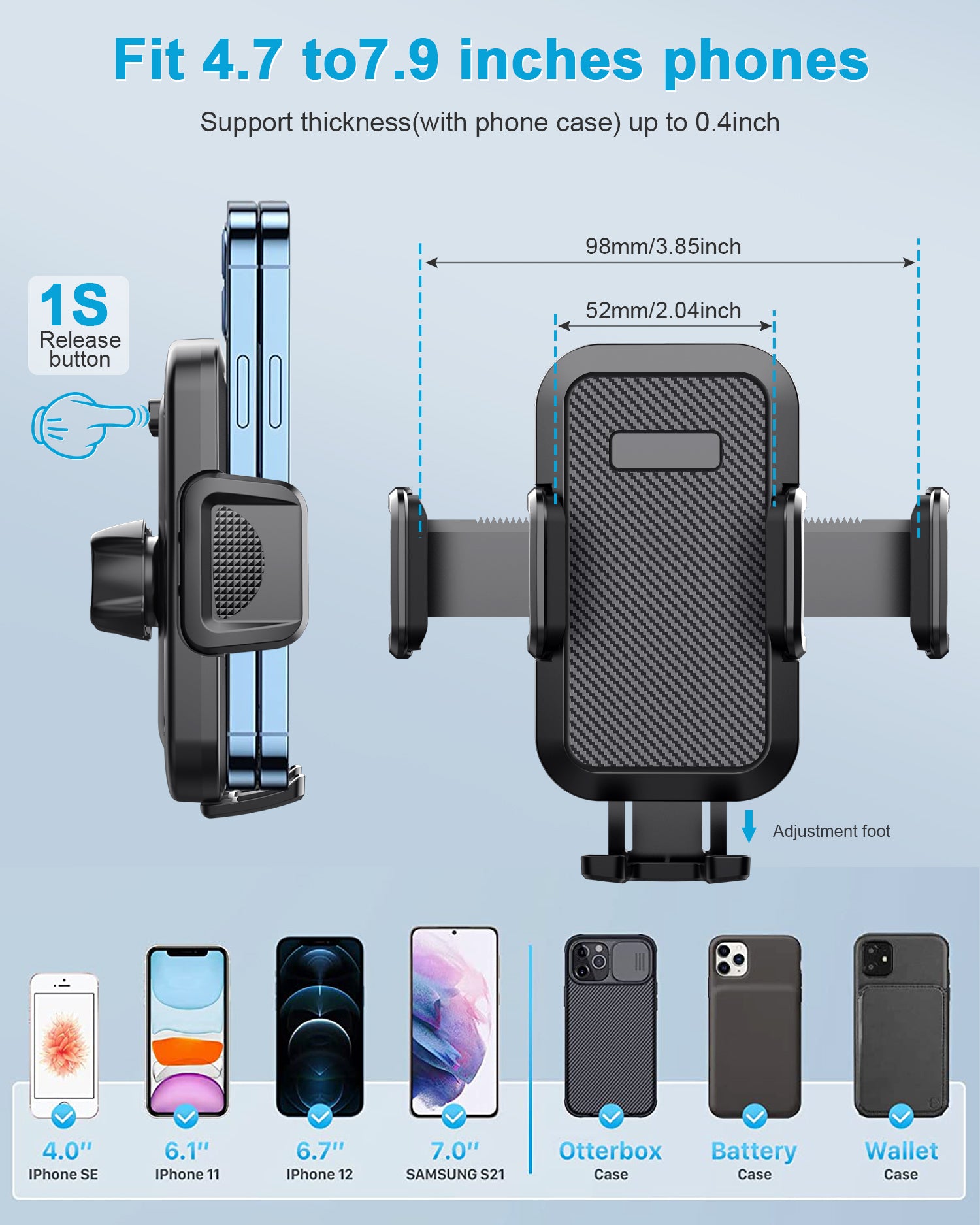 Support de téléphone pour voiture, ventouse puissante et améliorée, support de téléphone 2 en 1 pour tableau de bord, lavable et mains libres pour tous les téléphones portables.